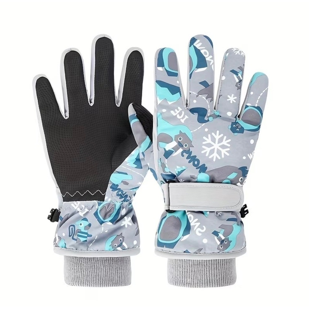 Kids‎ Winter Snowboarding Ski Gloves 9-13 YO Gray Animals Snow Insulated Warm